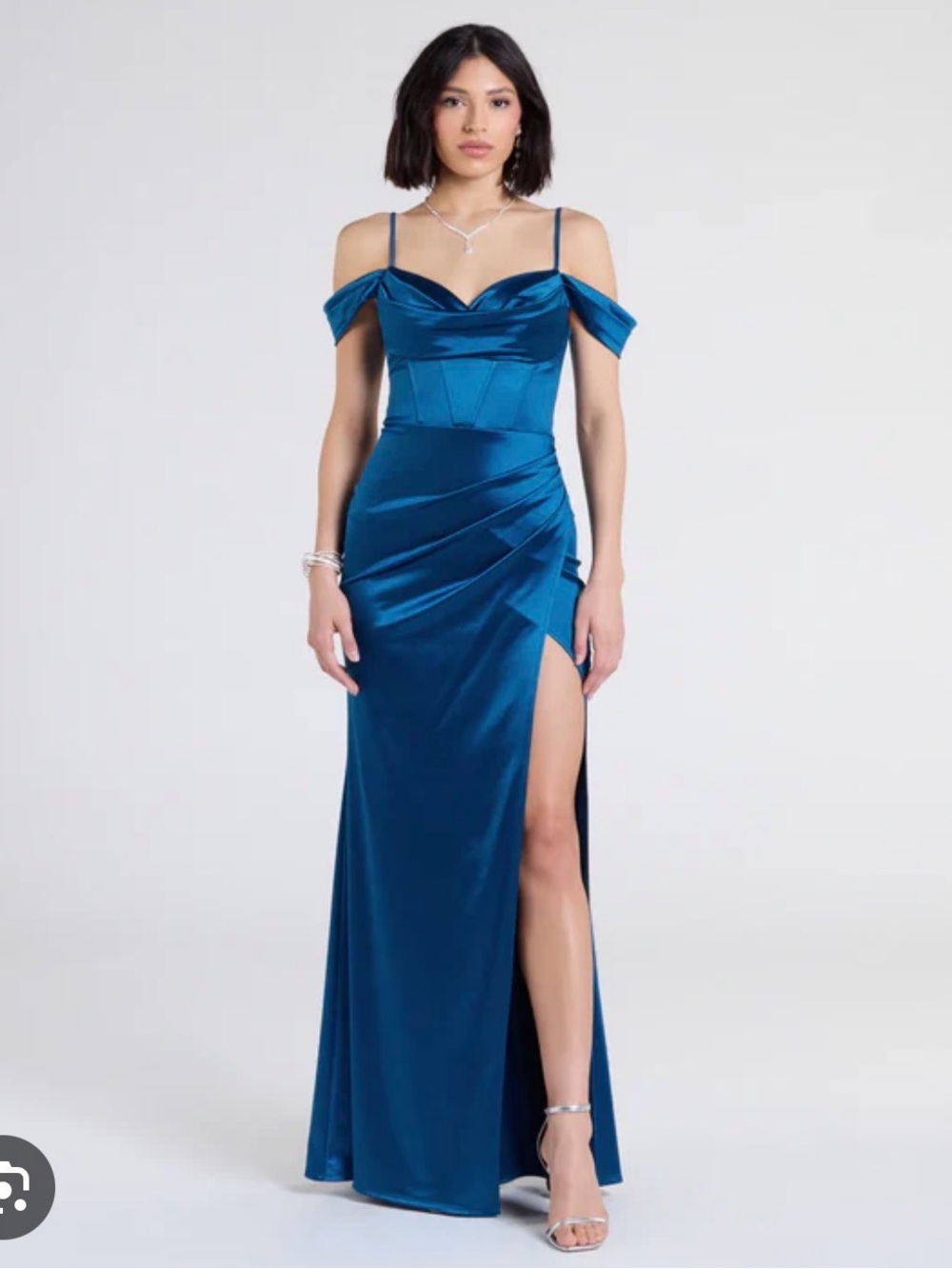 Windsor Teal Satin Off-Shoulder Prom Gown with High Slit